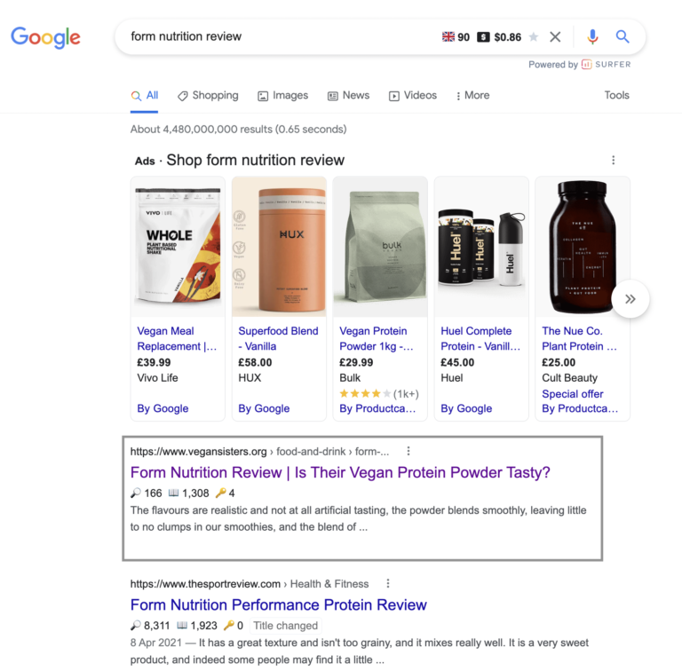 My blog post about vegan protein powder in position one of Google search results for keyword form nutrition review