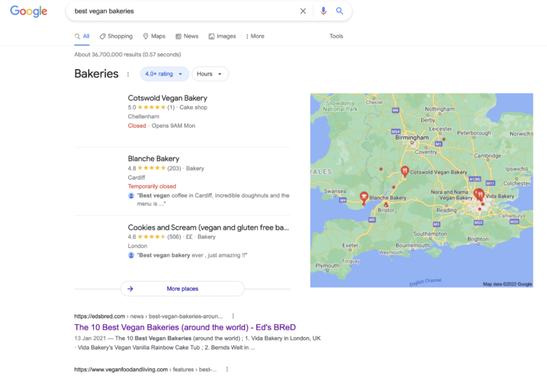 SEO results showing Ed's Vegan Bakery at the top of Google thanks to an article I wrote
