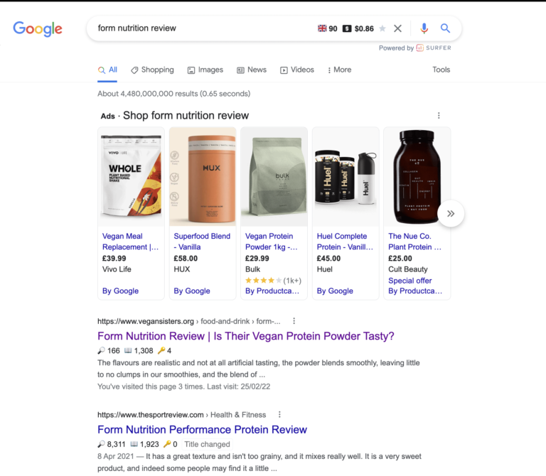 My blog post about vegan protein powder in position one of Google search results for keyword form nutrition review