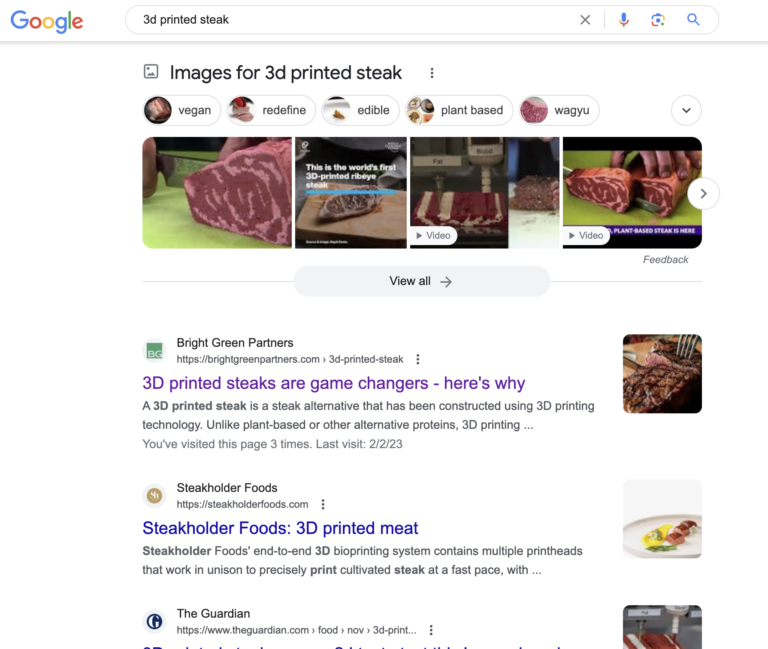 A screenshot of Google search results showing Bright Green Partners (my client) at the top of search results with an article I wrote for them called '3D printed steaks are game changers - here's why'