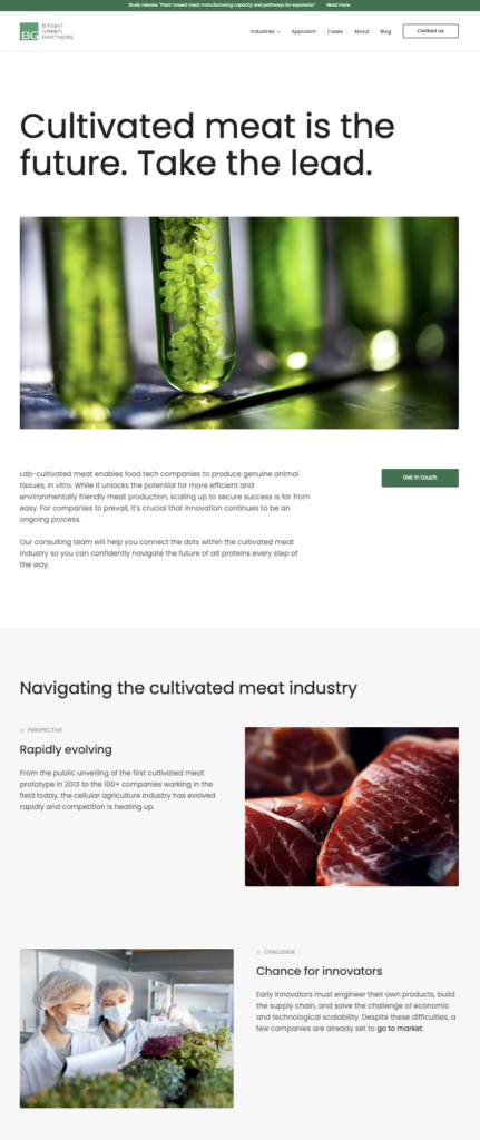 A screenshot of Bright Green Partners Cultivated Meat Cellular Agriculture Alternative Proteins Landing Page