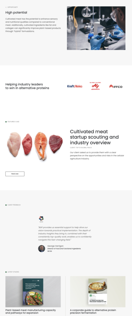 Further down the page for the Bright Green Partners Cultivated Meat Cellular Agriculture Alternative Proteins Landing Page