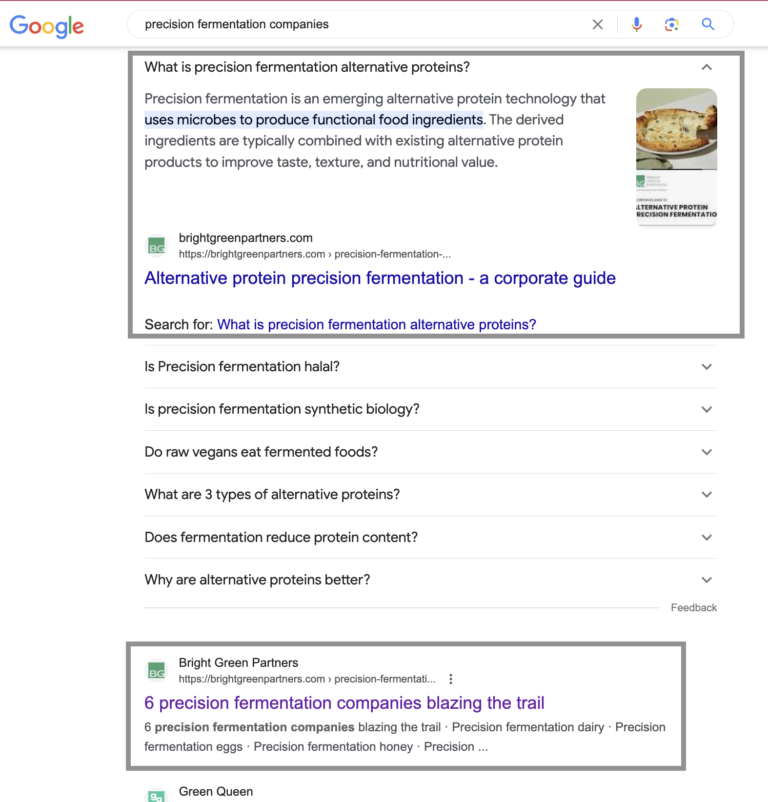 Featured snippet for Bright Green Partners and top Google rankings for precision fermentation companies