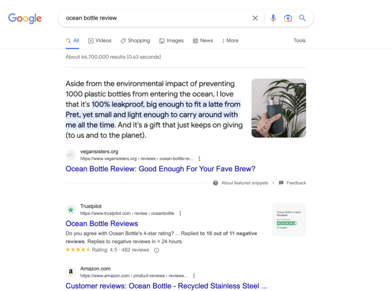 My Ocean Bottle review ranking at position one of serps due to SEO