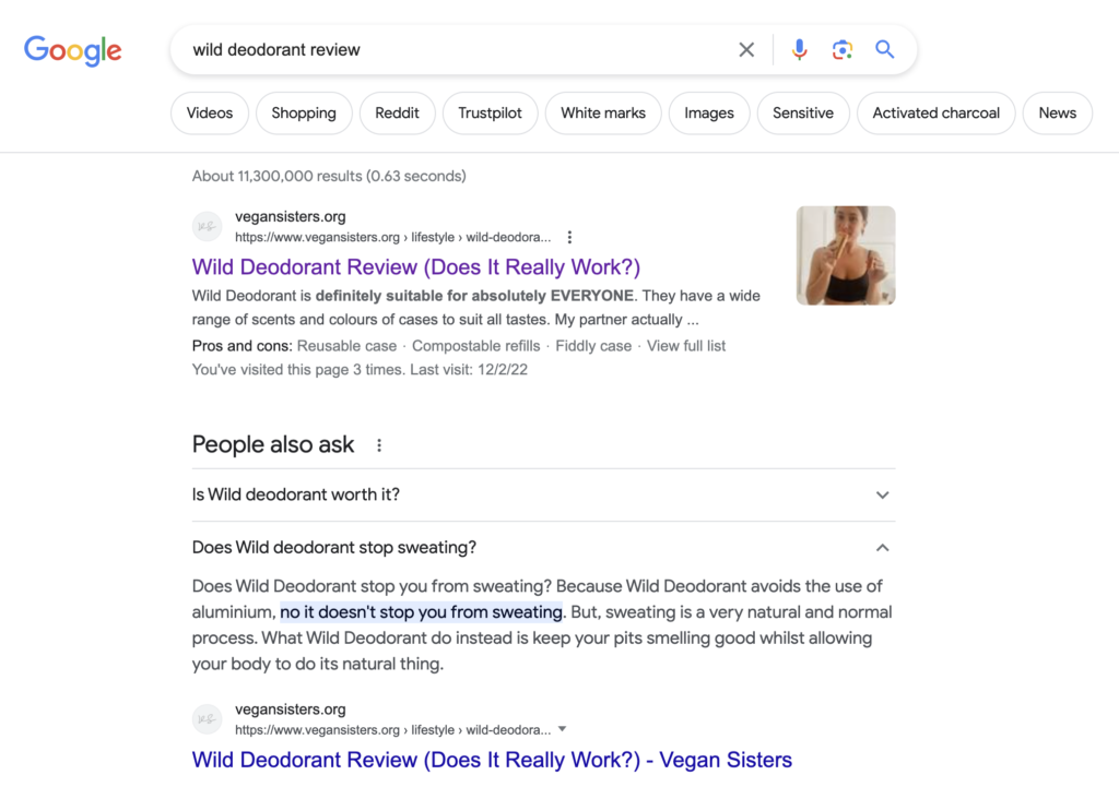 A screenshot of Google search results showing the Vegan Sisters blog post reviewing Wild Deodorant, a vegan natural deodorant brand