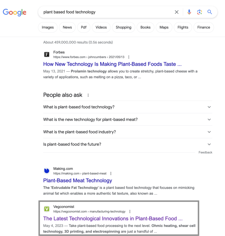 Top page of search results showing my article for Vegconomist in the 3rd position