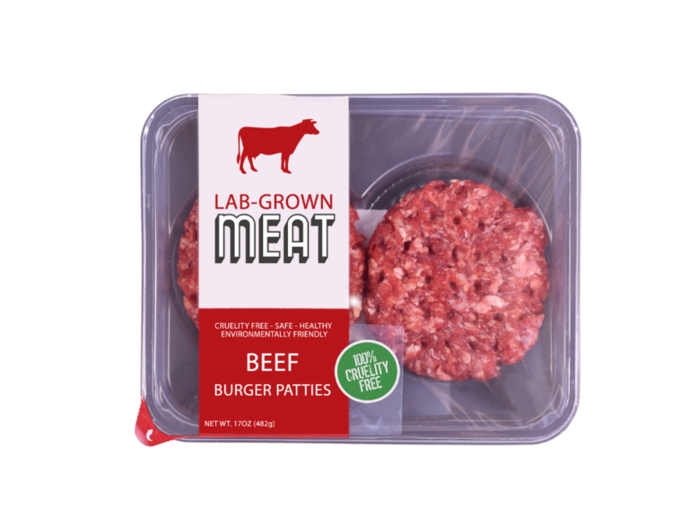 A pack of burger patties made from cultivated meat. The label sys lab-grown meat.