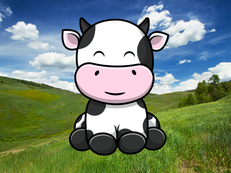 An animated cow that's smiling because it doesn't have to die for the cultivated meat process. It's sitting on luscious green pastures with a blue, cloud-studded sky